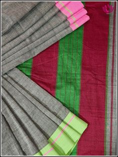 Patteda Anchu sarees are handwoven Handloom sarees from in and around the Villages of Gajendragarh,Karnataka. The saree is name after it’s border and checks pattern is also know as Dundina seraa, devaru seraa,laxmi seraa or pooja seraa. This Patteda Anchu saree is certified with a Handloom Mark and is perfect for the summer weather. It is lightweight for comfort and features a Grey body with a Ganga Jamuna border in pink and Green . The modern yet elegant design makes any outing special and incl Multicolor Cotton Saree With Border, Unstitched Cotton Saree With Border, Unstitched Cotton Saree With Border Detail, Multicolor Cotton Silk Traditional Wear With Border, Cotton Saree With Border For Festivals, Traditional Cotton Fabric With Printed Border, Traditional Cotton Dupatta With Border, Traditional Multicolor Pre-draped Saree With Border, Handloom Cotton Silk Saree Fabric