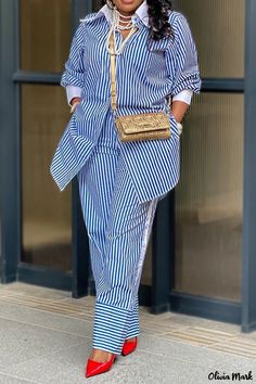 Olivia Mark - Elegant Blouse and Trouser Set in Blue Striped Print for Ladies Blue Striped Blouse, Vacation Essentials, Vacation Outfit, Elegant Blouses, Vacation Outfits, Print Blouse, Striped Blouse, Stripe Print, Printed Blouse