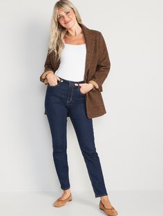 button front belt loops zip fly front scoop pockets back patch pockets Navy Clothing, Old Navy Outfits, Straight Ankle Jeans, Woman Jeans, Office Casual Outfit, 2023 Vision, Hourglass Shape, Winter 2022, Slim Straight Jeans