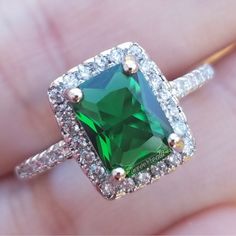 Green Emerald Rectangle Halo Silver Ring Green Rectangular Jewelry For Party, 5 Rings, Ring Color, Green Emerald, Womens Jewelry Rings, Emerald Green, Silver Ring, Halo, Emerald