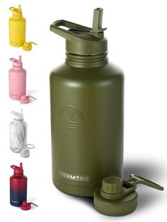 thermos stainless steel water bottle is shown with four different colors and sizes to choose from