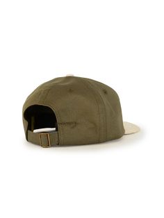 Lite Year Signature 6 Panel Cap. Cotton Twill & Moleskin with adjustable back closure. -Six panel cap-Color: Army Green and Natural-Fabric: Cotton/Moleskin/Nylon-One Size-Made in USA Khaki Cotton Military Baseball Cap, Military Style Khaki Cotton Baseball Cap, Vintage Canvas Baseball Cap With Curved Brim, Beige Snapback Hat With Flat Bill For Outdoor, Outdoor Khaki Cotton Baseball Cap, Outdoor Canvas Snapback Hat With Curved Brim, Vintage Six-panel Baseball Cap For Outdoor, Beige Six-panel Hat For Everyday Wear, Outdoor Six-panel Snapback Hat