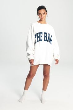 VARSITY SWEATSHIRT WHITE/NAVY BLUE – The Bar Tulle Gloves, Silk Gloves, Drop Shoulder Sleeve, Varsity Sweatshirt, Dressy Sweatshirt, Navy Sweatshirt, Curve Model, Coffee Sweatshirt, Retro Sweatshirts