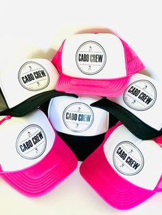 How cute will you and your group look in these custom Cabo Crew Hats So fun! We can create these hats for any vacation. These are personalized with your own saying! Perfect for a 30th birthday, 40th birthday, wedding party, or any group vacation to unify you as a group and come home with cute pictures and fun memories! *this is an adult size trucker hat I welcome custom requests ~ please convo me to work out your own design! :: Hat Details :: - 100% Polyester Front - 100% Nylon Mesh Back - 5-pan 40th Birthday Trip Favors, Custom Hat Design Ideas, 40th Birthday Mexico Trip Gifts, 40th Birthday Hat, Cabo 40th Birthday, 40th Birthday In Cabo, 40th Birthday In Mexico, 40th Birthday Hats For Group, 40th Birthday Mexico Trip