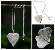 NOVICA - Sterling Silver Filigree Heart Locket Jewellery Mirror, Jewish Star Necklace, Silver Locket Necklace, Filigree Heart, Loving Heart, Filigree Necklaces, Silver Locket, Mirror Cabinet, Heart Locket Necklace