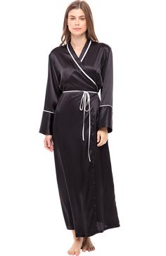 End each day and begin each morning in the most luxurious way imaginable, wrapped in the sensually soft comfort of Alexander Del Rossa's Long Satin Robe. Finished with a smooth stand-up collar, cuffed long sleeves, and contrast piping for a timeless look, this irresistibly soft Satin Robe is sure to be the most comfortable thing you?ll ever wear. Designed with you in mind, our Women's Satin Robes are comfortable, durable and classy. Made from silky 95% polyester and 5% spandex satin fabric, they Satin Robes, Matching Robes, Lounge Robes, Cotton Nightgown, Long Kimono, Contrast Piping, Womens Robes, Polyester Satin, Kimono Fashion