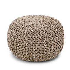 a beige knitted poufce on a white background