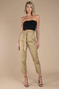 Clothing, Khaki, Laura Paperbag Waist Pants, Tobi Trendy Paperbag Waist Bottoms For Work, Trendy Belted Paperbag Waist Bottoms, Trendy Belted Bottoms With Paperbag Waist, Fall Paperbag Waist Belted Pants, Fitted Bottoms With Paperbag Waist For Workwear, Fitted Paperbag Waist Bottoms For Workwear, Chic Khaki Paperbag Waist Bottoms, Chic Khaki Belted Bottoms, Belted Utility Bottoms For Fall