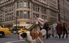 a woman is walking her dog down the street in new york city, carrying shopping bags