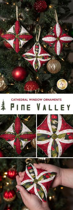 Add a special handmade touch to your tree with the Cathedral Windows Ornaments made with the lovely Pine Valley fabric collection from Moda Fabrics. The creation of the cathedral window effect is easier than it appears – using festive Christmas fabrics, these three ornaments come together quickly.