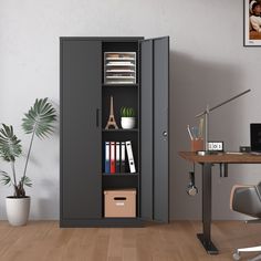 an office with a bookcase, desk and chair next to a potted plant