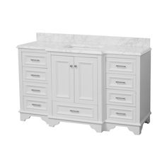 a white bathroom vanity with marble top and drawers on the bottom, against a white background