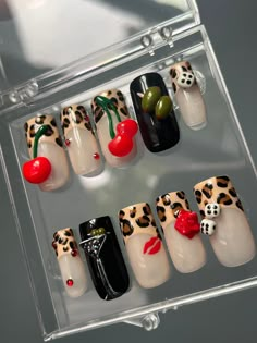 Hand painted gel press ons, made to order. Cheetah print French nail design with 3D nail art, reusable press on nails.  Medium square shown in images. Each press on set comes with a set of application tools. I recommend ordering a sizing kit to know your nail size! 3d Ladybug Nails, Martini Glass Nails, Dice Nail Art, Print French Nails, Dice Nails, Nails 3d Flowers, Cake Nails, Martini Nails, Ladybug Nails