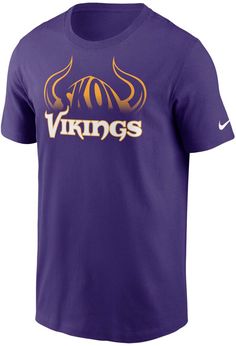 Make your dedication to the Minnesota Vikings clear with this Hometown Collection Helmet T-shirt. This Nike T-shirt features distinct team graphics that pay homage to your favorite squad and are sure to catch the eyes of fellow fans. Add this soft cotton shirt to your game day rotation and leave no doubt that you're rooting for a big Minnesota Vikings win. Nike Purple Crew Neck T-shirt, Purple Tops With Team Name For Fan Gear, Purple Fan Gear Tops With Team Name, Sports Purple T-shirt With Logo Print, Sports T-shirt Purple With Logo Print, Purple Sports T-shirt With Logo Print, Purple Crew Neck Fan Gear Top, Purple Graphic Print T-shirt For Sports Season, Purple Crew Neck Top For Fan Gear