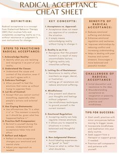 This radical acceptance cheat sheet highlights the key concepts behind the Dialectical Behavioral Therapy skill of radical acceptance. Improve your understanding of what this skill is, how to use it, and some of the keys to access in using radical acceptance. Tara Brach Radical Acceptance, Radical Acceptance Dbt Worksheet, Therapy Cheat Sheet, Counseling Techniques, Dbt Skills, Radical Acceptance, Dialectical Behavior Therapy, Mental Health Therapy, Therapeutic Activities