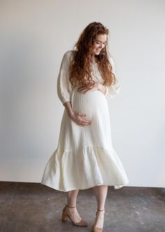 The Eliza Dress in Cinnamon | Smocked Elastic Dress | EMME White Linen Maternity Dress, Vintage Maternity Dress, Modest Pregnancy Outfits, Cream Maternity Dress, Maternity White Dress, Modest Maternity Outfits, Vintage Maternity Clothes, Linen Maternity Dress, Maternity Photo Dress