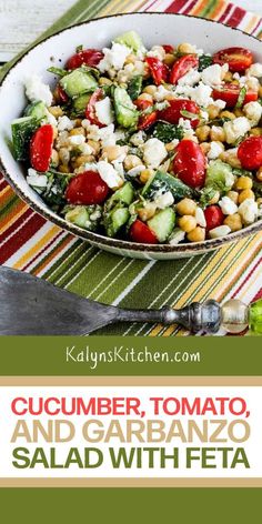 cucumber, tomato and garbanzo salad with feta in a bowl