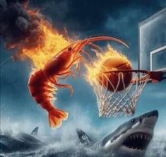 an image of a man dunking a basketball in the air with fire coming out of his mouth