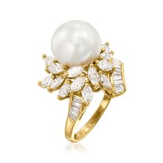 Ross-Simons - C. 1980 Vintage 12mm Cultured Pearl Ring, 2.40ct t. w. Diamonds. Size 7.25. C. 1980. Prepare for stares when you don this opulent Estate collection cocktail ring! All eyes are drawn to the luminous 12mm cultured pearl, amplified by a glittery cluster of 2.40 ct. t. w. baguette and marquise diamonds. Finely crafted in polished 18kt yellow gold. 7/8" wide. Diamond and white pearl ring. Exclusive, one-of-a-kind Estate Jewelry. Pearl birthstones are the perfect gift for June birthdays. Pearl Engagement Ring Vintage, White Pearl Ring, Cultured Pearl Ring, Pearl Birthstone, Pearl Engagement Ring, Jewelry Pearl, Fine Jewelery, Marquise Diamond, Pearl Diamond