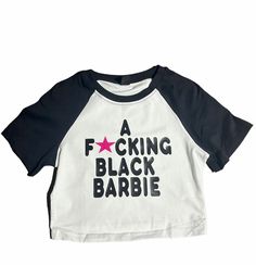 Black Barbie Cropped Tee Black 90s Style T-shirt For Summer, 90s Style Black T-shirt For Summer, 90s Black Tops With Letter Print, 90s Style Black Tops For Summer, Black Sporty Top With Text Print, Sporty Black Top With Text Print, Black Cotton Top For Streetwear, 90s Black Crew Neck Top, Black Graphic Tee For Streetwear