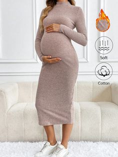 Maternity Solid Color Stand Collar Slim Fit Casual Dress, Spring Autumn Pink Casual  Long Sleeve Knitted Fabric Plain  Medium Stretch  Maternity Clothing, size features are:Bust: ,Length: ,Sleeve Length: Casual Dress Spring, Latest Maternity Dresses, Shein Maternity, Preggo Fashion, Maternity Midi Dress, Spring Dresses Casual, Maternity Clothing, Dress Spring, Slim Fit Dresses