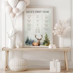 a table with balloons, vases and a deer poster on it's wall