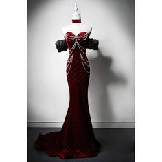 Burgundy Velvet Evening Dress with Pearl Chains - Off-the-Shoulder Dress with Sleeves - Red Evening Gown Plus Size - WonderlandByLilian Royalty Outfits Dresses, Vampire Gown, Evening Gown Plus Size, Burgundy Wedding Dress, Velvet Wedding Dress, Simple Satin Wedding Dress, Red Evening Gown, Nontraditional Wedding Dress, Pearl Chains