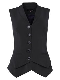 Embodying the concept of power suiting, this sharply tailored black vest features a V-neckline with button closure, pointed hemline, jetted pockets, and a tailored fit. Cut from a luxurious stretch crêpe, it is versatile enough to style and wear repeatedly.  Its smooth satin lining ensures it will layer bulk-free over shirting – though we suggest wearing it solo for a more daring look. Harmonise it with its matching Magnetic Power High-Waist Straight-Leg Trousers to complete the flattering silho Character Clothing, Black Vest, Blazer With Jeans, Straight Leg Trousers, Polyester Satin, Professional Outfits, Jacket Sale, Black Media, Badger