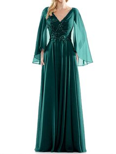 Peacock Chiffon V-neck Mother Of The Bride Dress For Banquet, Green Chiffon Evening Dress, Sequin Chiffon Evening Dress For Banquet, Green V-neck Evening Dress With Sequins, V-neck Sequin Mother Of The Bride Dress For Banquet, Sequined V-neck Mother Of The Bride Dress For Banquet, Green Chiffon Evening Dress For Banquet, Embellished Floor-length Chiffon Dress For Banquet, Formal Green Chiffon Mother Of The Bride Dress