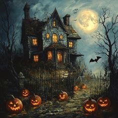 a painting of halloween pumpkins in front of a house