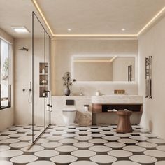 a modern bathroom with black and white floor tiles