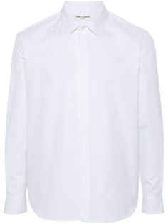 optical white cotton front button fastening classic collar long sleeves straight hem White Long Sleeve Dress Shirt With Concealed Placket, White Cotton Shirt With Concealed Placket, Timeless Long Sleeve Cotton Shirt, Modern White Cotton Dress Shirt, White Cotton Shirt With Lapel Collar, White Lapel Collar Cotton Shirt, Long Sleeve Cotton Dress Shirt With Concealed Placket, Cotton Dress Shirt With Concealed Placket, Timeless White Cotton Dress Shirt