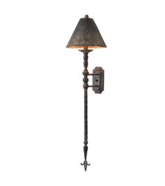 With an elevated design, this sconce is designed to illuminate any space with a unique design. This metal sconce features a gorgeous distressed black color, and the shade is sure to create a warm and inviting ambiance to any space. Dimensions: 46"H x 12"W Materials: Metal Condition: New Library Sconces Bookshelves, House Entryway, Rustic Sconces, Bedroom Redo, Vintage Wall Sconces, Room Details, Rustic Wall Sconces, French Walls, Hanging Garland