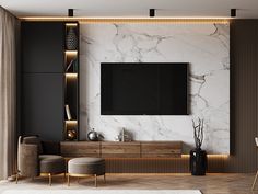 a modern living room with marble walls and flooring