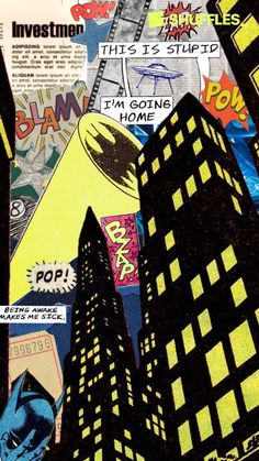 a collage of comic book covers and buildings