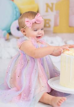 Rainbow Smash Cakes, Baby Dress Tutorials, Cotton Candy Party, Rainbow First Birthday, Picnic Birthday Party, 1st Birthday Dresses, One Year Birthday, Fiesta Tropical