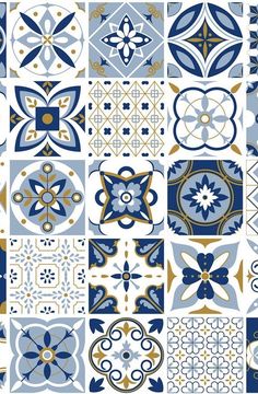 an assortment of blue and yellow tile designs