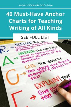 a hand writing on a sheet of paper with the words must have anchor charts for teaching writing of all kinds see full list