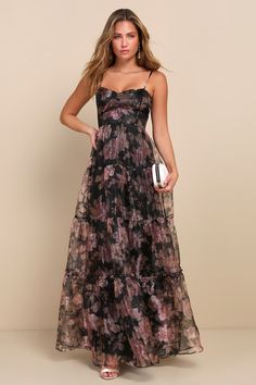 Spring Wedding Maxi Dress, Dark Purple Floral Dress, Black Tie Wedding Guest Dress Spring, Maxi Prom Dresses, Floral Organza Dress, Adorable Dresses, Feminine Clothing, Organza Gowns, Romantic Floral Print