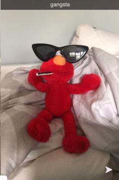 a red stuffed animal wearing sunglasses on top of a bed