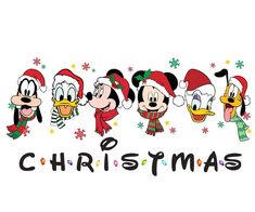 mickey mouse and friends in christmas hats with the word'merry'written below them