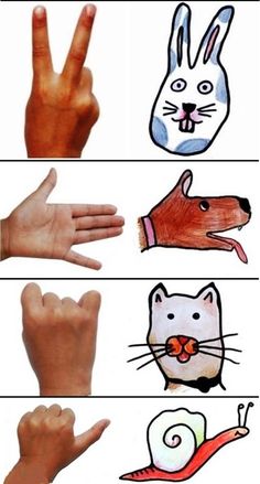 four different pictures of hands and animals with one hand in the middle, two on the other