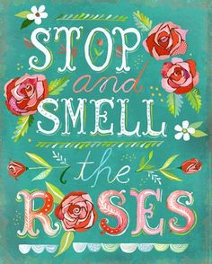 the words stop and smell the roses are painted on a green background with red flowers