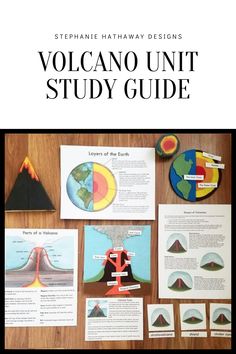 the volcano unit study guide is displayed on a table with paper and other items to make it