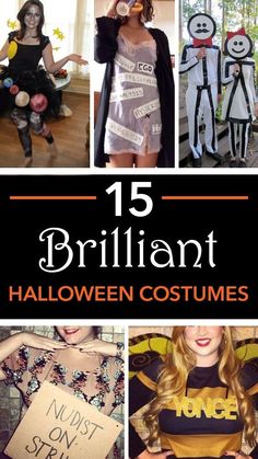 halloween costumes for adults and children with text overlay that reads 15 brilliant halloween costumes