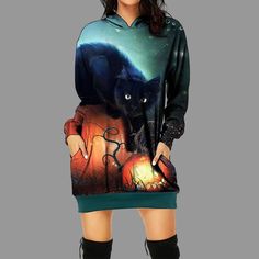 Halloween Pumpkin Black Cat 3d Print Long Sleeve Pocketed Hoodie Loose Hoodie, Abstract Color, Pocket Hoodie, Halloween Theme, Halloween Fashion, Shoes Heels Pumps, Halloween Women, Bra Women, Halloween Themes