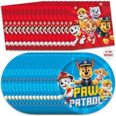 paw patrol party plates and napkins, each with a cartoon character on the front