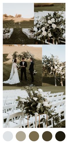 wedding ceremony setup with white flowers and greenery