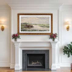 a painting hanging on the wall above a fireplace