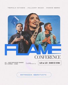 a poster for the flame conference with two men and a woman standing in front of them